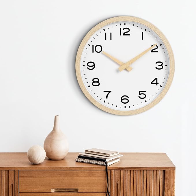 AKCISOT 10 Inch Wall Clock, Silent Battery Operated Analog Clock, Natural | Classroom | Kitchen | Office | Easy to Read Numbers | Garage