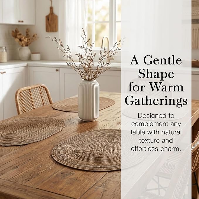 Placemats Set of 6, Woven Oval Braided Dining Table Mats(Brown) | 12 x 17.5 Inch Size Fits Plates and Flatware; Hand Washable and Heat Resistant for Kitchen Use, with Farmhouse and Boho Style