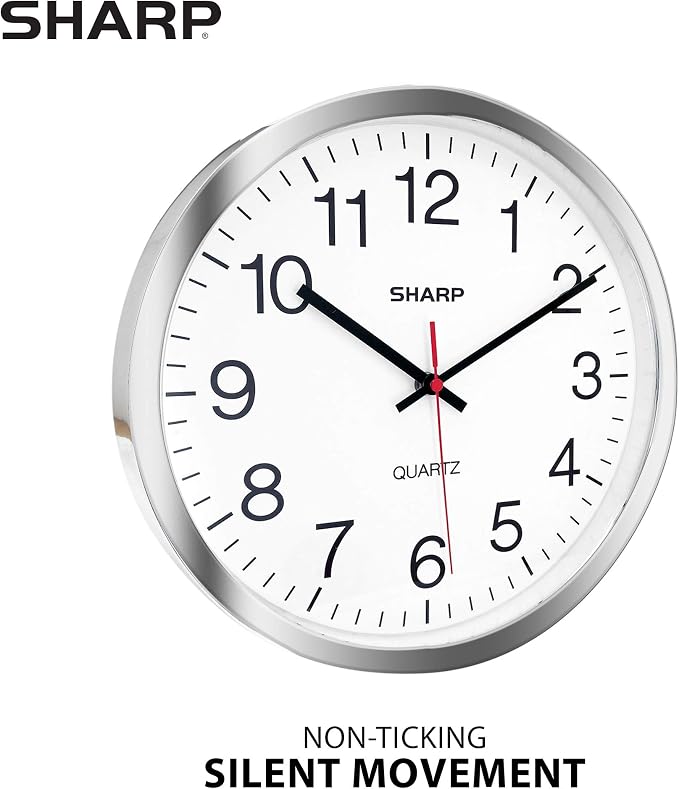Sharp 10-Inch Battery Wall Clock, Silent Non-Ticking, Easy-Read, Silver | Battery operated; Sweep movement; Large round face; Quartz accuracy; Home, kitchen, office or classroom