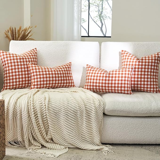 Fall Orange Plaid Gingham Checkered Outdoor Pillow Covers 18x18 Set of 2 | Autumn Decor Porch Patio Pillows, Rustic Farmhouse Pillow Covers 18 x 18, Thanksgiving Pumpkin, Cojines De Otoño Para Sala