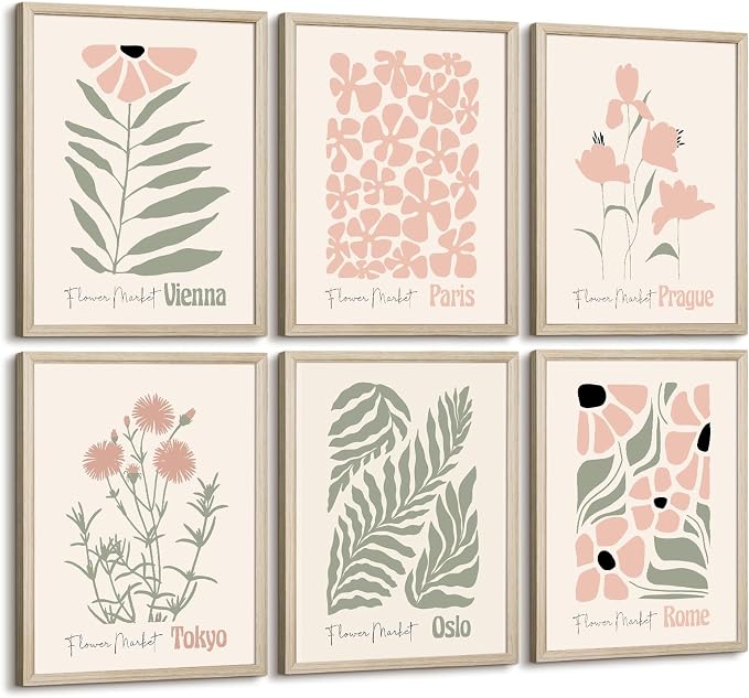 Baccone Boho Botanical Wall Art Prints Blush Pink Canvas Wall Decor Flower Market Wall Art Poster Abstract Aesthetic Pictures Pink Floral Artwork for Room Bedroom Set of 6 12x16 Inch Framed