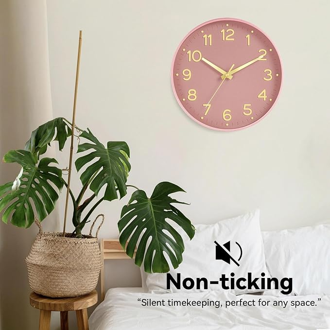 Roymnie 12 Inch Wall Clock Battery Operated Silent Non Ticking Analog | Pink Gold modern analog; large 3D easy-read dial for kitchen, office, bathroom & bedroom; 1 AA battery (not included)