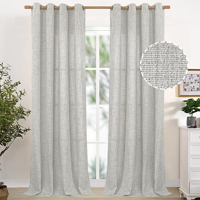 YoungsTex Extra Long Linen Curtains 95 Inch Length for Living Room, Light Grey Semi Sheer Drapes with Bronze Grommet Light Filtering for Dining Bedroom, 2 Panels, 52 X 95 Inch