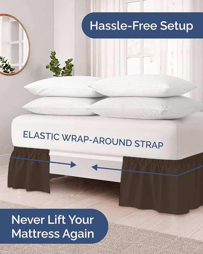 Wrap Around Dust Ruffle Bed Skirt - Brown - for Queen Size Beds w/ 9 Inch Drop - Easy Fit Elastic Strap - Adjustable Pleated Bedskirt w/Brushed Fabric - Wrinkle & Fade Free - Women, Men, Kids & Teens
