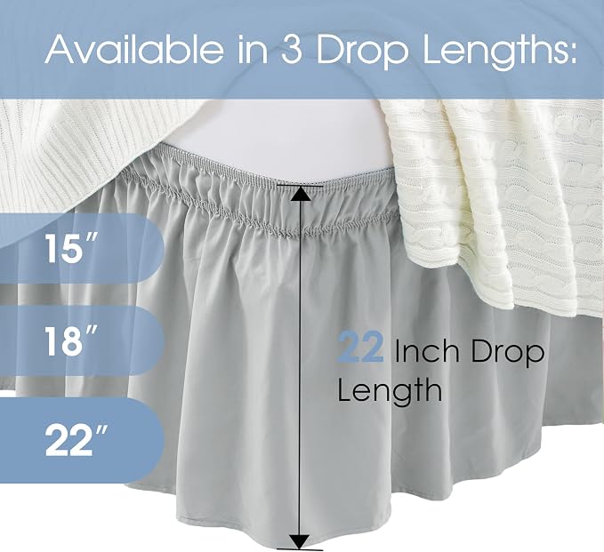 FreshCulture King Bed Skirt, Dust Ruffle for King Size Bed, Easy Fit with 22-Inch Tailored Drop, Elastic Wrap Around Bed Skirt King Size, Hotel Quality Bed Skirts for Adjustable Bed (Light Grey)
