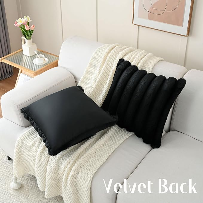 HAUSSY Pack of 2 Pillow Covers 26x26 Inch, Faux Fur Decorative Couch Throw Pillows Soft Striped Plush Cushion Covers Home Decor Cute Furry Pillowcase for Living Room Sofa Bed, Black (Covers Only)