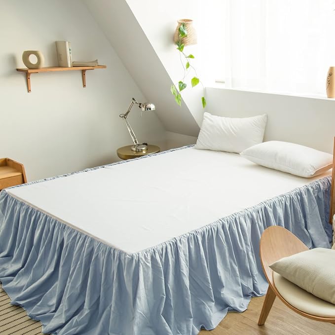 BISELINA French Linen Bed Skirt with Pleated Frills 14-Inch Tailored Drop Natural Flax Cotton Blend Dust Ruffle Soft Cozy Farmhouse Bedding (14" Twin, Dusty Blue)