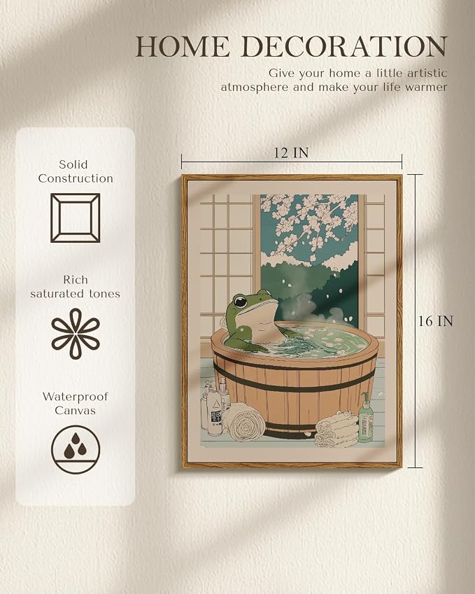 Serene Frog in Wooden Tub with Cherry Blossom Window View Painting, Kawaii 12x16 Inch Framed Canvas Print, Cute Relaxing Bathroom Home Decor, Bath Time with Japanese Spa Artwork