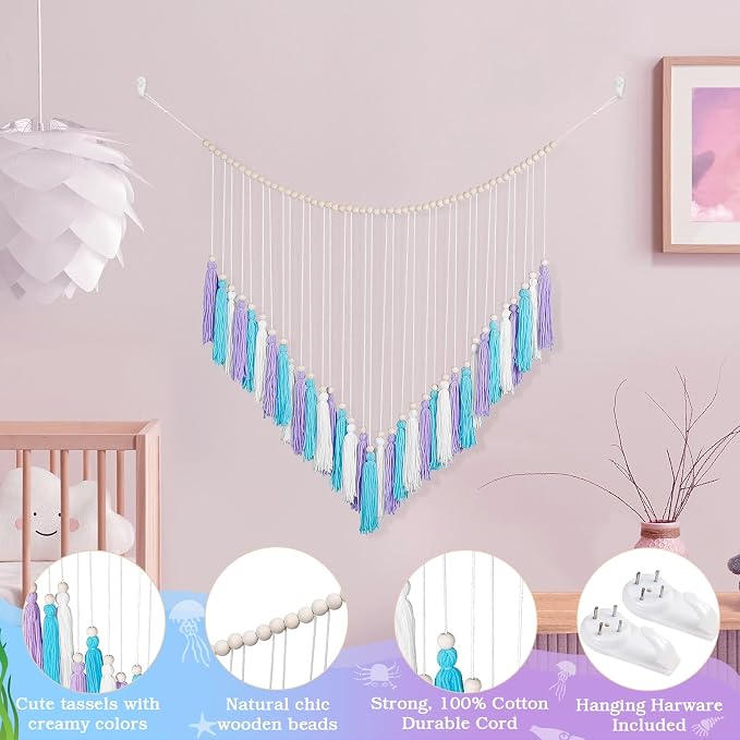 Purple & Blue Macrame Wall Hanging Boho Home Decor, Mermaid Theme Under the Sea Ocean Bedroom Décor Living Room Bohemian Dorm Wall Décor Purple Tassel Pink Wall Décor