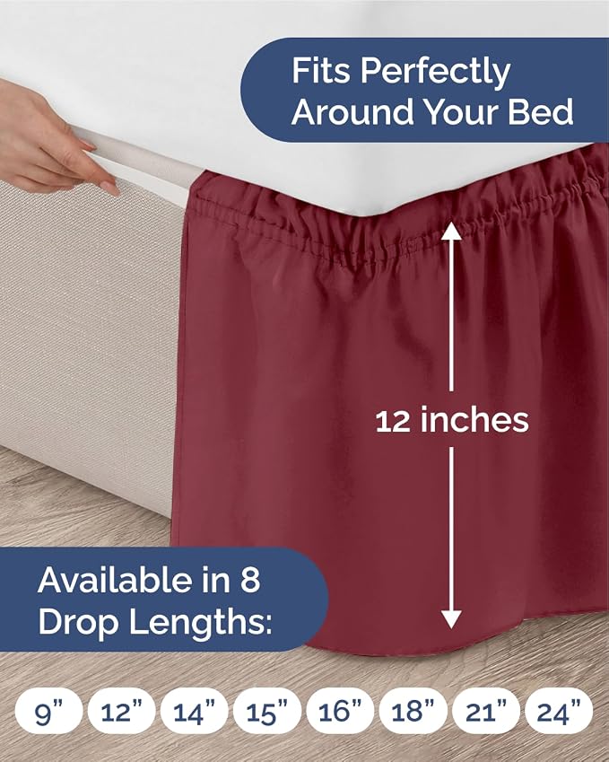 Wrap Around Dust Ruffle Bed Skirt, Full Size Beds - 12 Inch Drop, Burgundy | Easy Fit Elastic Strap, Adjustable Pleated Bedskirt w/Brushed Fabric, Wrinkle & Fade Free, for Women, Men, Kids & Teens