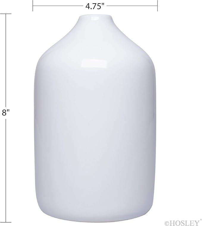 Hosley 8-Inch White Ceramic Vase, Glazed Decorative Floral Vase for Weddings, Centerpieces, Garden Parties, Home, Office & Spa Décor