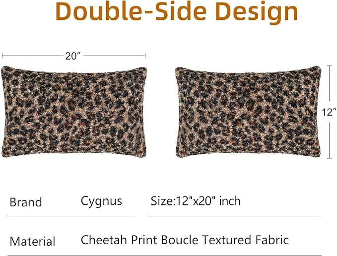 cygnus Cheetah Print Throw Pillow Covers 12x20 Inch | Set of 2 Soft Fuzzy Curly Textured Decorative Pillowcase, Leopard Pillows for Living Room Bedroom Stockholm Home Decor