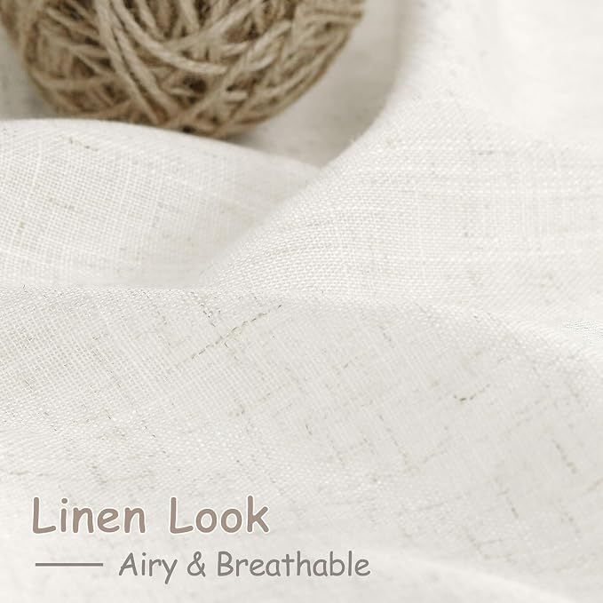 Extra Wide Beige White Curtains for Living Room 90 Inches Long Semi Sheer Curtain for Coastal Room Decor Linen Farmhouse Drapes for Bedroom Back Tab and Rod Pocket 100x90, 2 Panels