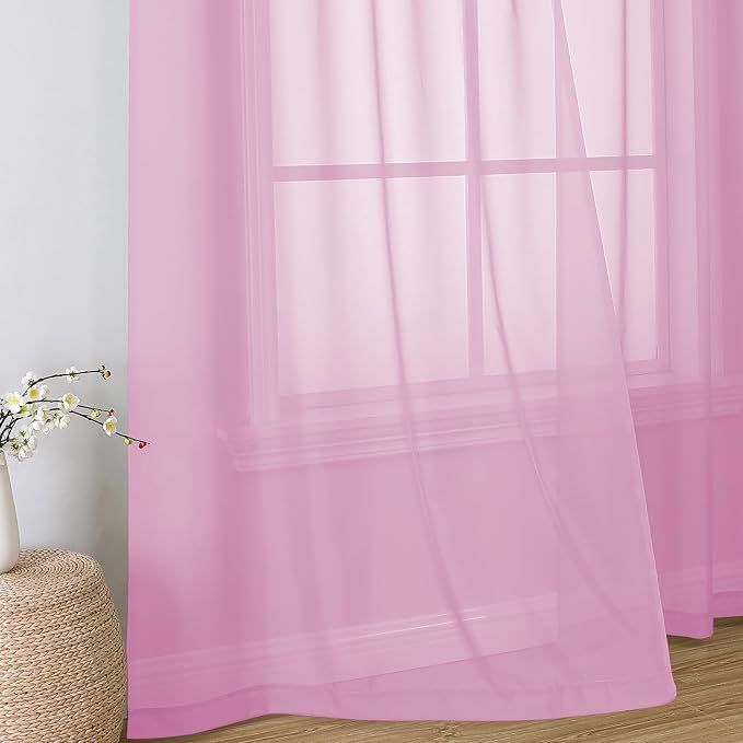 Simplebrand Pink Short Sheer Curtains 45 Inch Length for Small Windows, Rod Pocket 2 Panels Set Solid Voile Drapes Window Sheer Curtains for Bedroom Bathroom Kids Room Kitchen, 42x45 Inch, 2pcs