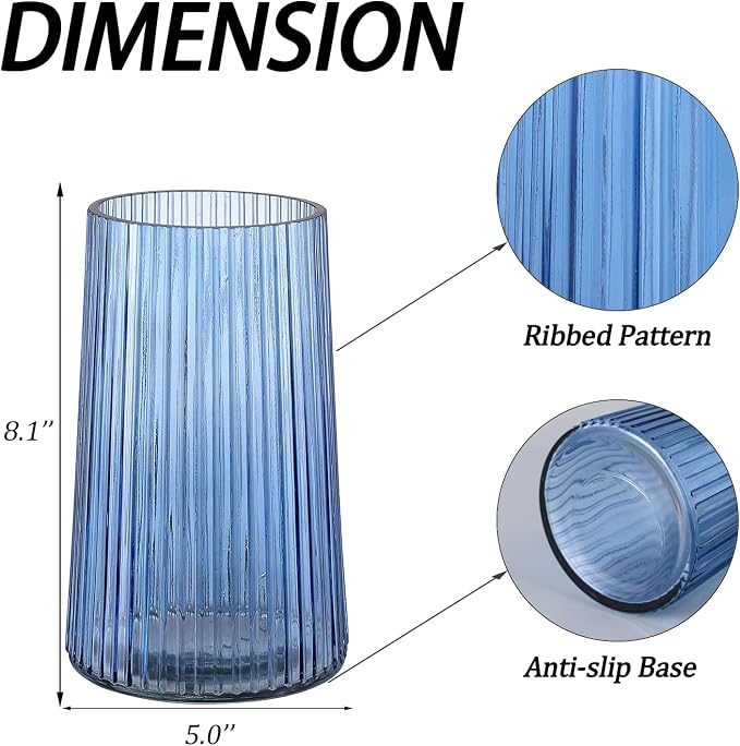 Blue Glass Vase for Flower, Flower Vase for Bouquet, Modern Glass Vases, Ribbed Vases for Living Room, Bedroom, Dining Table, Office, Wedding, Centerpieces, 8 Inches