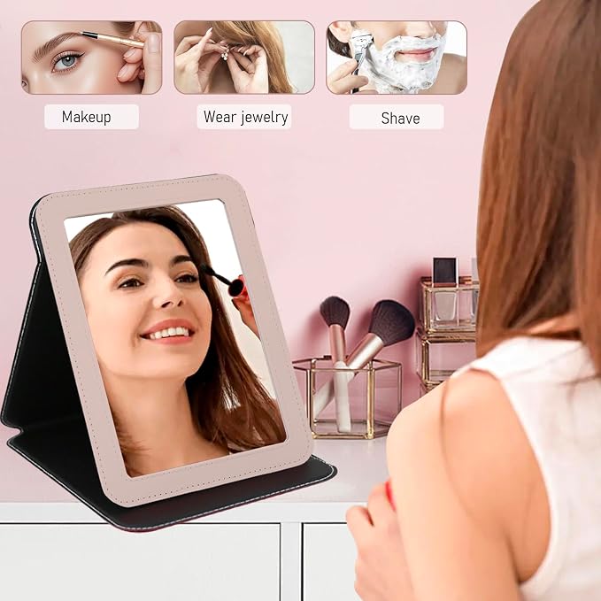 Desk Folding Mirror Portable, Travel Makeup Mirror PU Portable Adjustable Rectangular Ultrathin Vanity Mirror with Stand, for Travel, Camping, Home, Gifts for Women (Rose Gold)