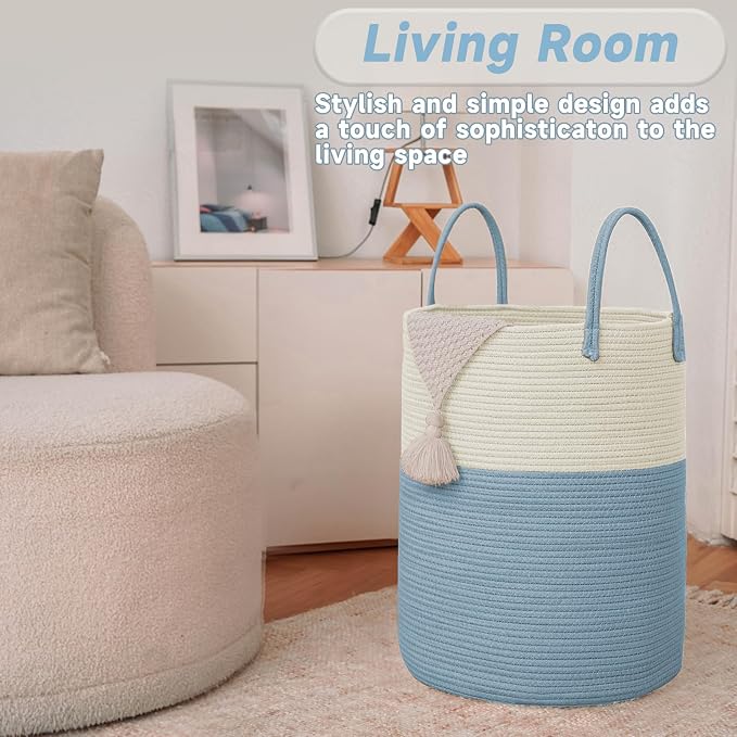 JMvicyroam 80L Cotton Rope Laundry Basket Hamper, White and Blue | Collapsible laundry basket, reinforced handles, freestanding, machine washable, holds 3-5 thick blankets, clothes or toys