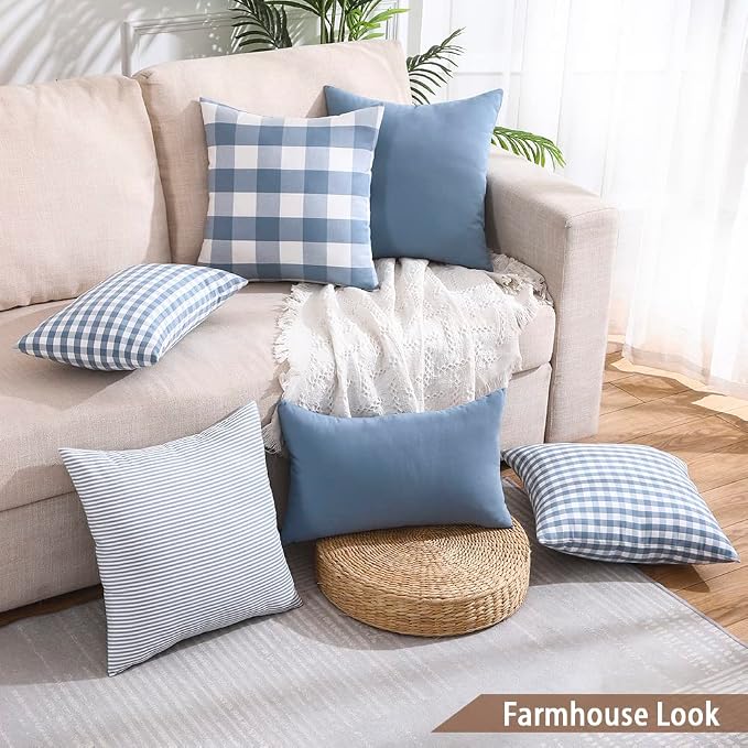 Light Dusty Blue Buffalo Check Plaid Throw Pillow Covers 18x18 Set of 4 | Soft & Durable Decorative Couch Pillow Case Cushion Covers 18 x 18, Light Dusty Blue Throw Pillows, Gingham Checkered Striped