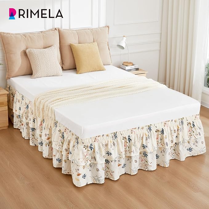 RIMELA Ruffle Bed Skirt Balloon Flower Floral Queen 15 Inch Drop, Elastic Wrap Around Bed Skirting Queen Size, Easy to Install Dust Ruffle, Machine Washable Soft Fabric, Multi Ruffle Bedskirt