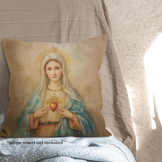 Christian Immaculate Heart of Mary Throw Pillow Covers Gifts 18x18, Vintage Religious Decor Pillow Cases for Bedroom Living Room, Catholic Virgin Mary Decorative Square Pillowcases for Couch