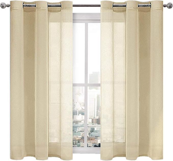 DWCN Beige Sheer Curtains for Living Room Bedroom - Faux Linen Look Voile Drapes Grommet Top Window Curtain Panel 46 x 45 Inch Length, Set of 2 Panels