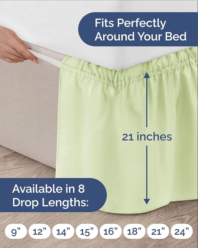 Wrap Around Dust Ruffle Bed Skirt - Light Sage Green - for Twin Size Beds w/ 21" Drop - Easy Fit Elastic Strap - Adjustable Pleated Bedskirt w/Brushed Fabric - Wrinkle Free - Women, Men, Kids & Teens