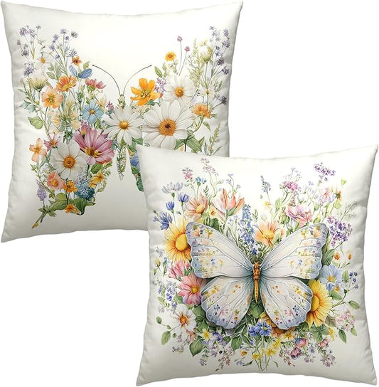 Colorful Butterfly Floral Pillow Covers Spring Summer Throw Pillow Covers 18x18 Set of 2 Sunflower Daisy Wildflowers Farmhouse Pillow Cases for Home Living Room Sofa Couch Decor