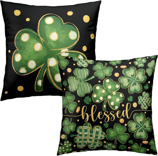 Set of 2 St. Patrick's Day Throw Pillow Covers Buffalo Plaid Dot Shamrock Pillow Covers 16x16 Lucky Blessed Pillow Cases for Spring March Holiday Saint Patricks Day Decor