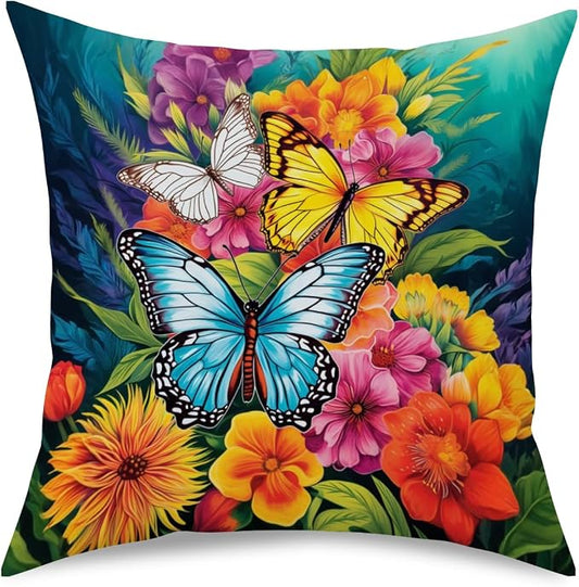 Fokongna Colorful Butterfly Floral Pillowcase 18 x 18 Inches Covers Cottagecore Wildflower Botanical Butterfly Moth Decorative Lumbar Pillow Covers for Home Sofa Couch Patio