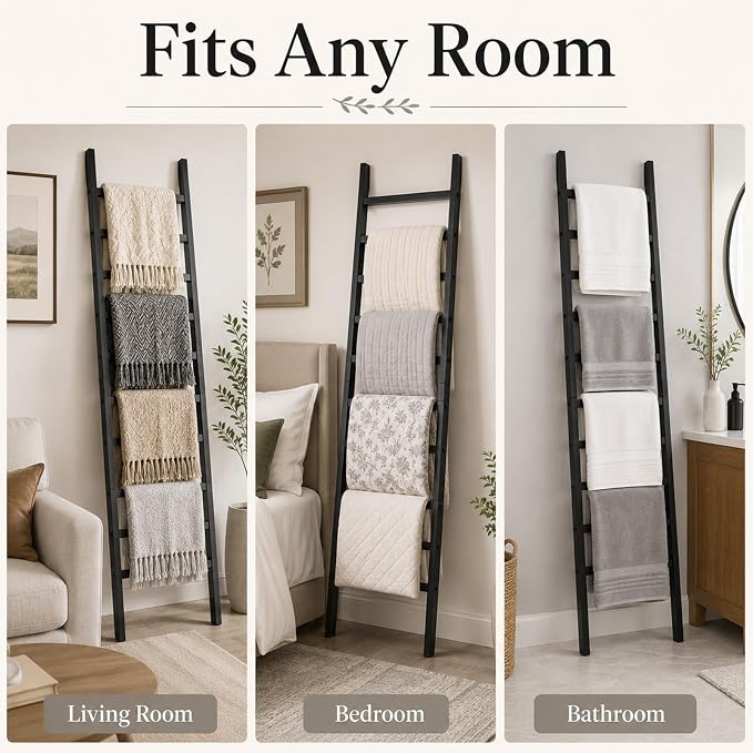 FUIN Blanket Ladder, 24 in Wide 11-Rung Solid Wood Rustic Decor Rack, Black | 11 rungs and 24in wide, Solid wood visible grain, Angled lean-to design, Anti-slip support, Living room and bathroom use