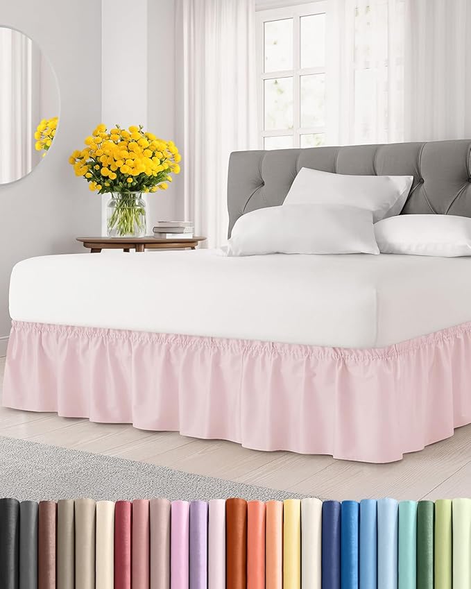Wrap Around Dust Ruffle Bed Skirt - Lavender Pink - for Queen Size Beds w/ 14 Inch Drop - Easy Fit Elastic Strap - Adjustable Pleated Bedskirt Brushed Fabric - Wrinkle Free - Women, Men, Kids & Teens