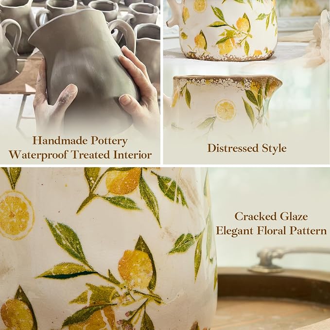 Vintage Lemon Ceramic Vase with Handle, Retro Ice Glazed Crack Farmhouse Pitcher Vase for Home Decor, Living Room, Shelf, Office, Rustic Table Centerpiece 9 Inch