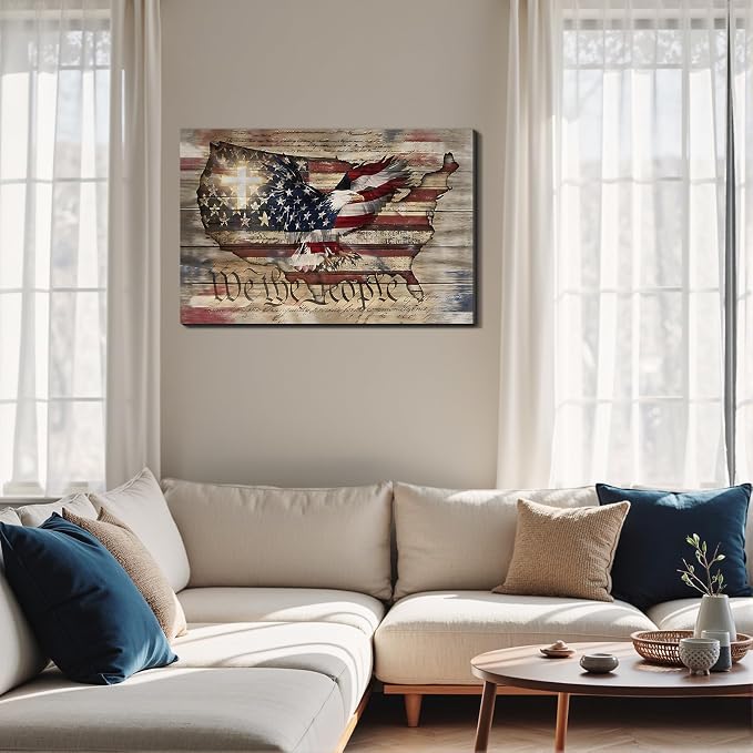 Framed We The People Bald Eagle USA Map Wall Art, Patriotic American Flag Canvas Art Pictures, Patriotic Wall Decor for Office Living Room Man Cave, Ready to Hang Made in USA