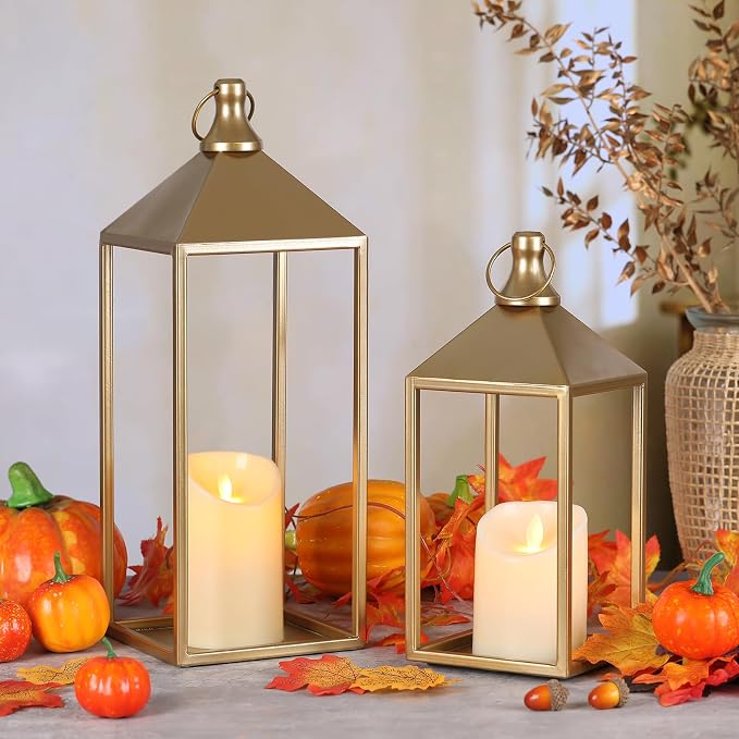 Decorative Candle Lanterns Indoor, 2 Pcs Gold Metal Lanterns with Candles | No Glass for Covered Front Porch Patio, Fireplace Mantel Decor, 15" 11" Decorative Lanterns for Wedding Table Centerpiece