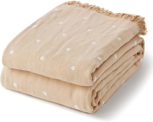 100% Cotton Boho Throw Blanket for Home Decor – Classic Farmhouse Quilt Bedding, Muslin Blankets for Adults, Vintage Woven Decorative Blanket for Couch, Bed Layering Use, Classic Dotted, 50"x60"