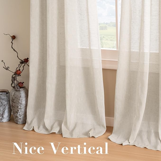H.VERSAILTEX Linen Curtains Flax Linen Blended Curtain Panels for Living Room/Bedroom Semi Sheer Privacy Curtains 63 inch Length 2 Panels Set Nickel Grommet Window Drapes, Natural