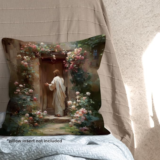 Christian Jesus Throw Pillow Covers Gifts 18x18, Vintage Religious Decor Pillow Cases for Bedroom Living Room, Cottagecore Jesus Knocking Door Decorative Square Pillowcases for Couch Bed Sofa