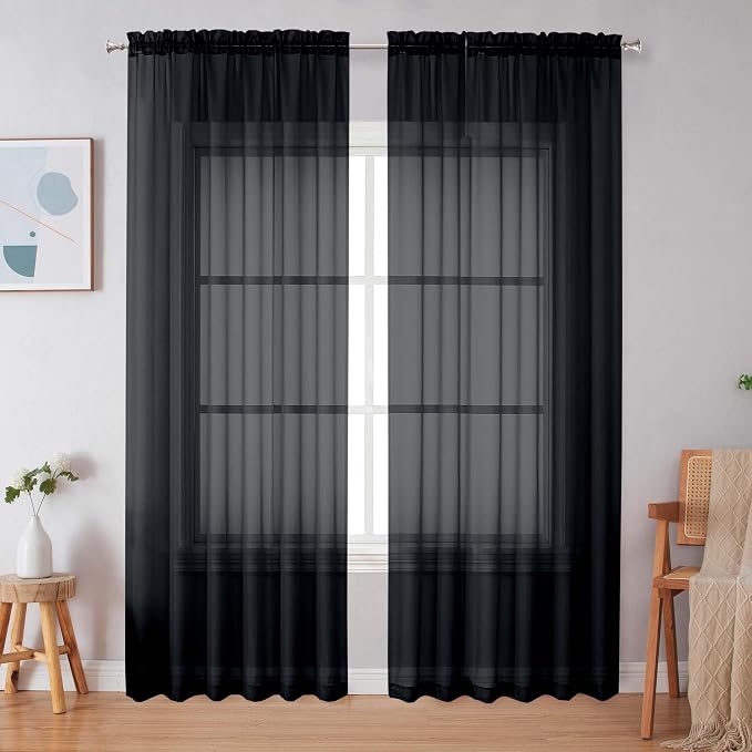 Simplebrand Black Sheer Curtains 90 Inches Long, Light Filtering Rod Pocket Solid Color Window Sheer Curtain Panels, Elegant Curtains & Drapes for Living Room, Bedroom 2 Panels (Black, 59" W x 90" L)