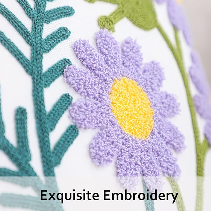 Embroidered Throw Pillow Covers 18x18 Pack of 2 Floral Pillow Covers Farmhouse Pillow Case Outdoor Garden Cushion Case Summer Decorations for Home (Purple and White Flower)