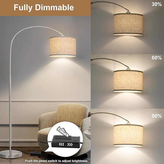 Arc Floor Lamp, Dimmable Floor Lamp with Adjustable Hanging Shade, Silver
