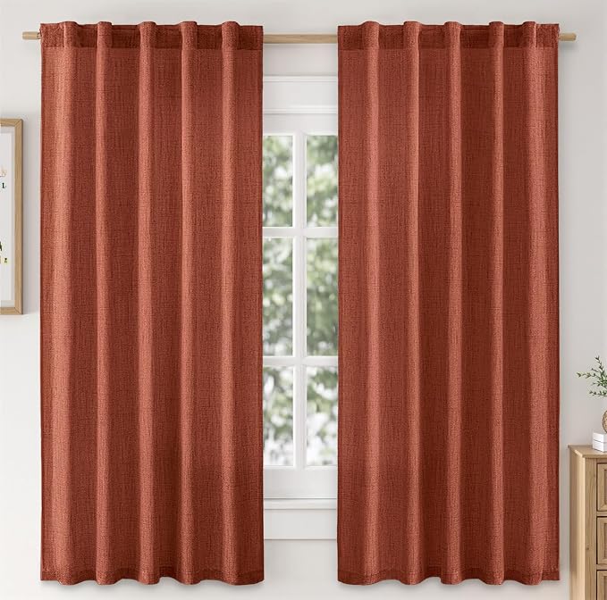 MIULEE Faux Linen Curtains 63 Inch Length 2 Panels Natural Burnt Orange Semi Sheer Curtain with Back Tab Rod Pocket, Light Filtering Window Privacy Burlap Drapes for Living Room Bedroom 42W x 63L