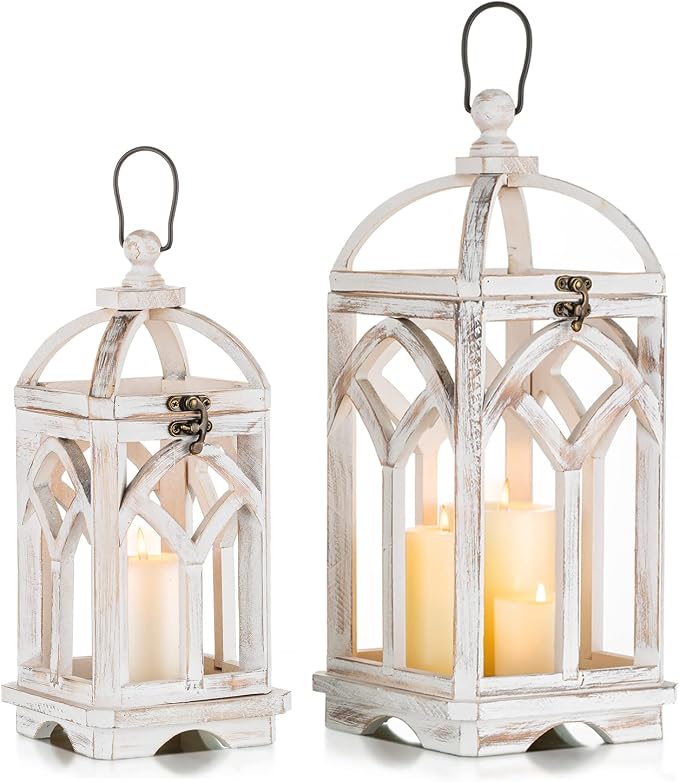 Romadedi Set of 2 Farmhouse Wood Candle Lanterns Decorative, Whitewashed | 12" and 16" Tall Rustic Lantern; Painted by Hand with Distressed White Finish; Indoor/Outdoor Use for Mantel, Table, or Patio