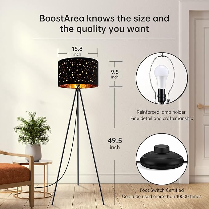 BoostArea Floor Lamp, Tripod Floor Lamp, 8W LED Bulb, Decorative Lamp Shade, Mid Century Standing Lamp for Living Room, Bedroom, Study Room and Office