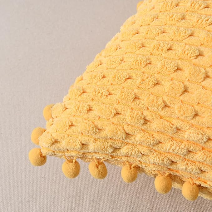Fancy Homi Set of 2 Yellow Decorative Throw Pillow Covers 18x18 Inch with Pom-poms for Couch Bedroom Living Room, Modern Farmhouse Boho Spring Home Decor, Soft Corduroy Cute Cushion Case 45x45 cm