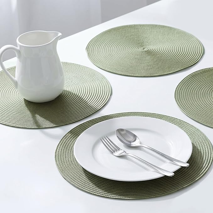 AHHFSMEI Round Placemats Set of 8 Heat Resistant Washable Non-Slip Woven Braided Table Mats for Dining Table Kitchen & Home Decor (Sage Green,8)