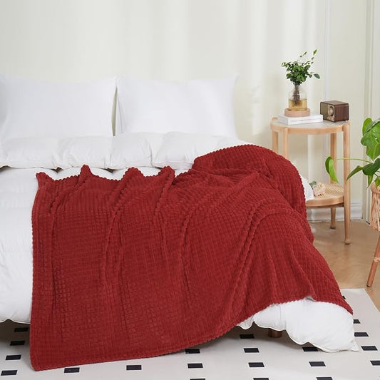 Puncuntex Fleece Throw Blanket Red 90"×90" with Square Grid Design | Super Soft Plush Cozy Flannel Throw Blanket Luxury for Couch Sofa Chair