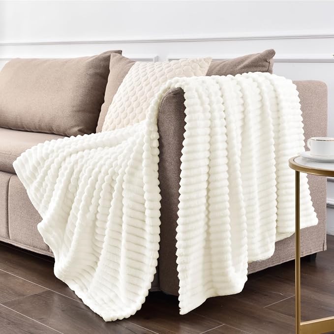 BEDELITE 3D Ribbed Jacquard Cream King Size Blankets for Bed, 108x90 Inch | Soft Warm Decorative Fluffy Blanket, Cozy Fuzzy Lightweight Plush Fleece Throw Blankets for Bed, Room Decor, Gift for Women