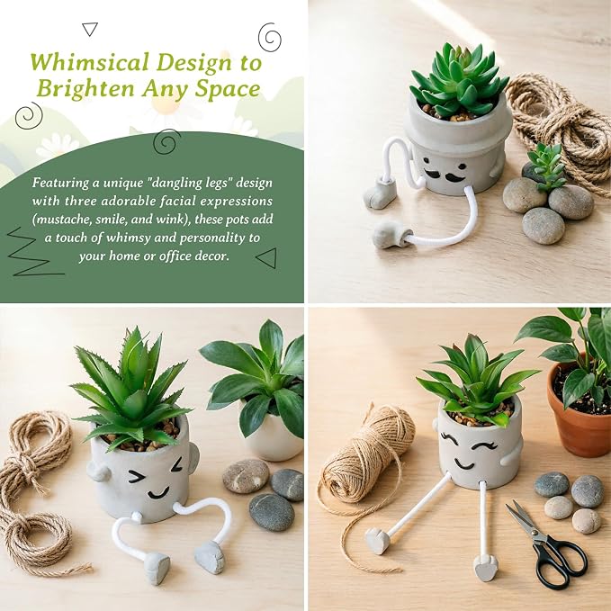 3 Pack Cute Fake Succulent Plants with Hanging Legs, Funny Desk Decor for Women, Small Artificial Plants in Funny Cement Pots, Cute Shelf Sitters for Office Desk Home Decorations