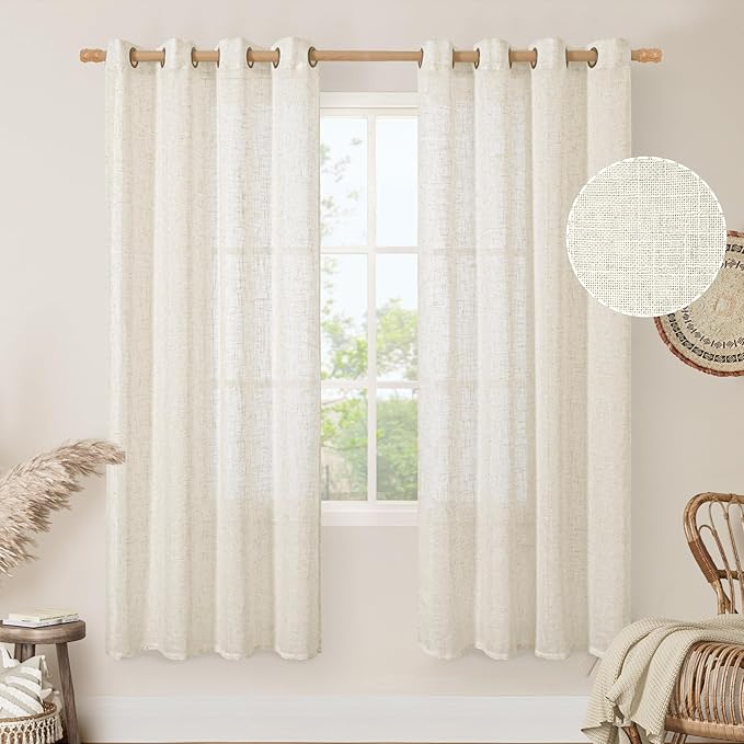 Cream Ivory Linen Curtains for Living Room 78 Inch Length 2 Panels | Semi Sheer Light Filtering Drapes, Linen Textured, Boho, Panels for Farmhouse, Bedroom, Porch, Bronze Grommet, 52 x 78 Inch