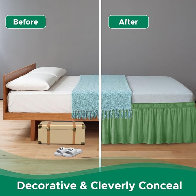 Wrap Around Bed Skirt King Size 15 Inch Drop-Elastic Dust Ruffle Sage | Adjustable Pleated Bedskirt-Easy Fit Wrinkle Resistant Washable Hotel Quality Fabric Bed Skirting-Master Guest Bedroom Rental